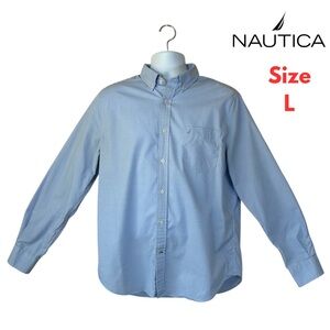 Nautica Mens Button Up Shirt Blue White Plaid Sz Large 100% Cotton Career #178